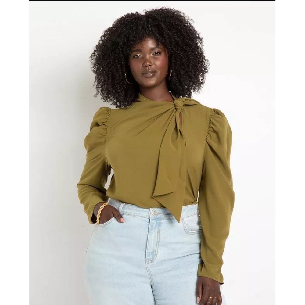 Eloquii Olive Green Tie Neck Puff Sleeve Blouse Top Size 28 NWT